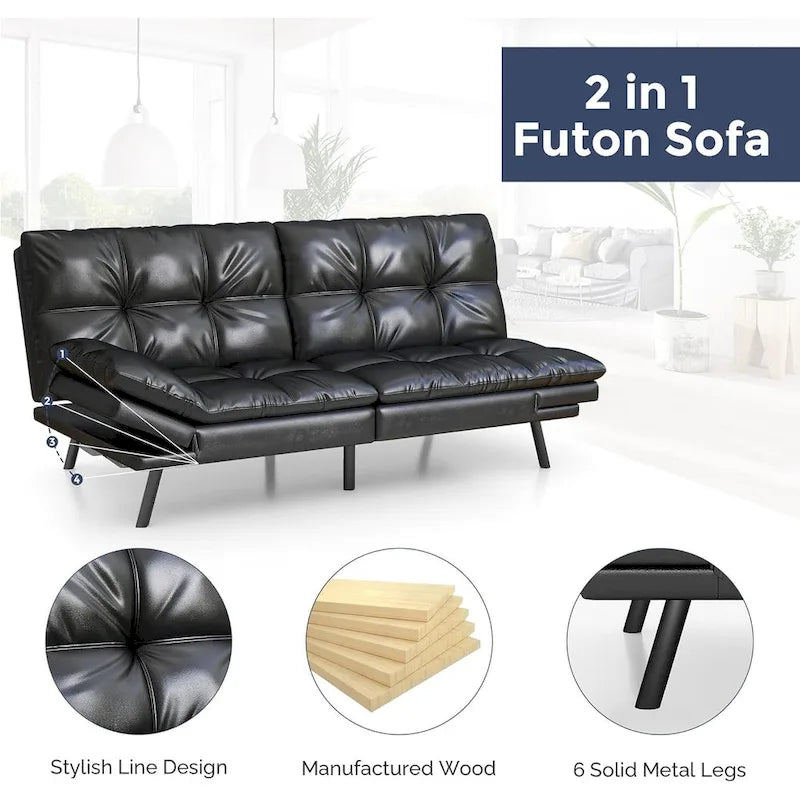 Canapé-lit futon, canapé convertible pliable en mousse à mémoire de forme avec accoudoirs réglables pour petits espaces
