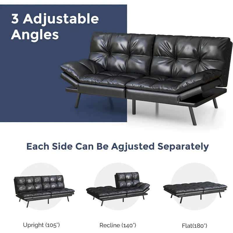 Canapé-lit futon, canapé convertible pliable en mousse à mémoire de forme avec accoudoirs réglables pour petits espaces