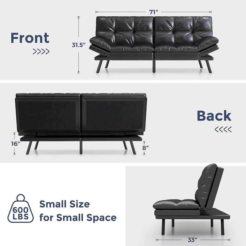 Canapé-lit futon, canapé convertible pliable en mousse à mémoire de forme avec accoudoirs réglables pour petits espaces
