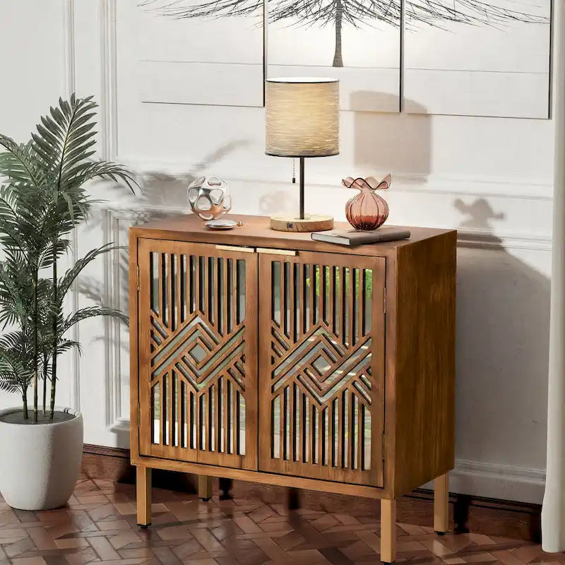 COZAYH Mirror Fronts Rustic Farmhouse Accent Cabinet with Geometric Overlays