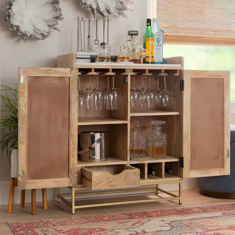 Meuble bar en bois avec plateau en marbre