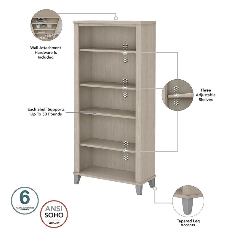 Bureau de 60 W avec meuble de rangement et bibliothèque à 5 étagères