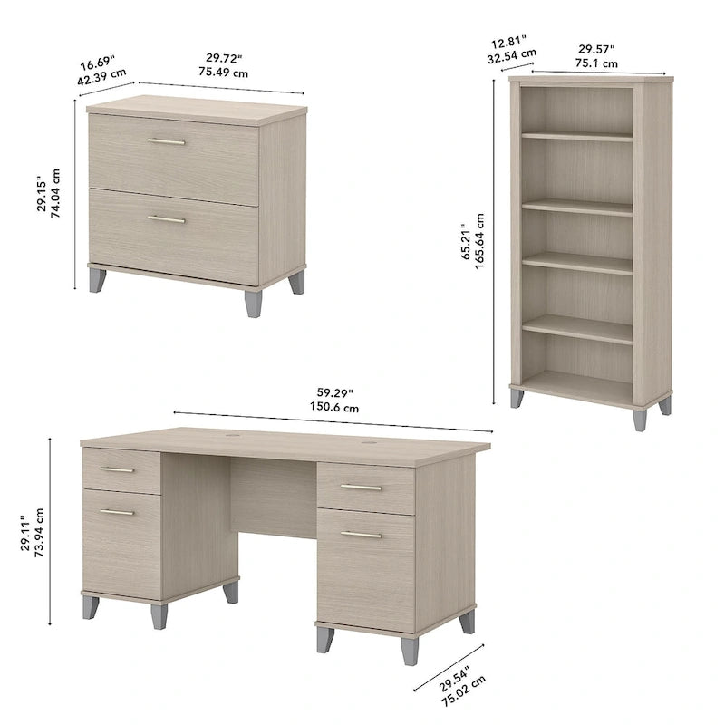 Bureau de 60 W avec meuble de rangement et bibliothèque à 5 étagères