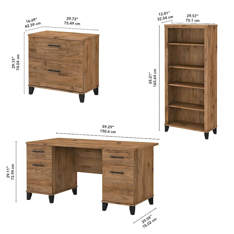 Bureau de 60 W avec meuble de rangement et bibliothèque à 5 étagères