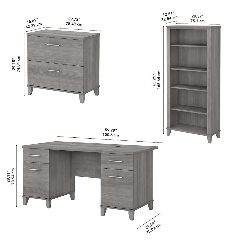 Bureau de 60 W avec meuble de rangement et bibliothèque à 5 étagères