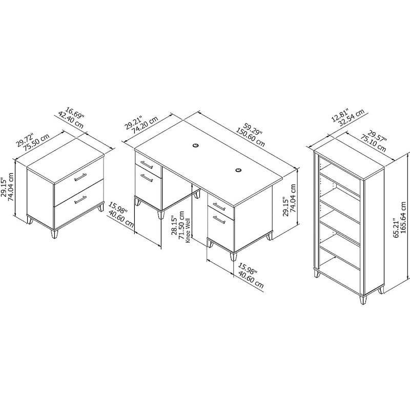 Bureau de 60 W avec meuble de rangement et bibliothèque à 5 étagères