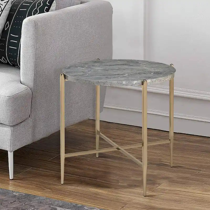 Table d'appoint avec plateau ovale en marbre et piètement en X, gris et doré