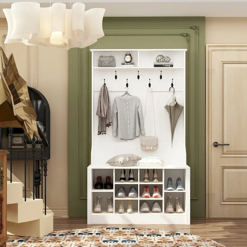 Porte-manteau et banc de rangement avec étagère à chaussures pour entrée