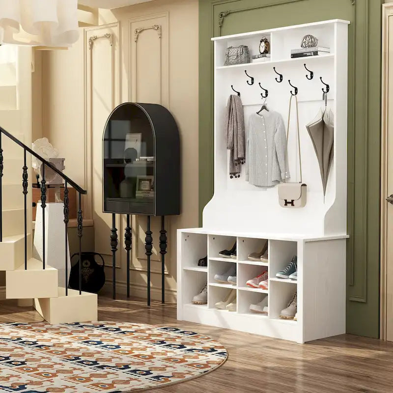 Porte-manteau et banc de rangement avec étagère à chaussures pour entrée