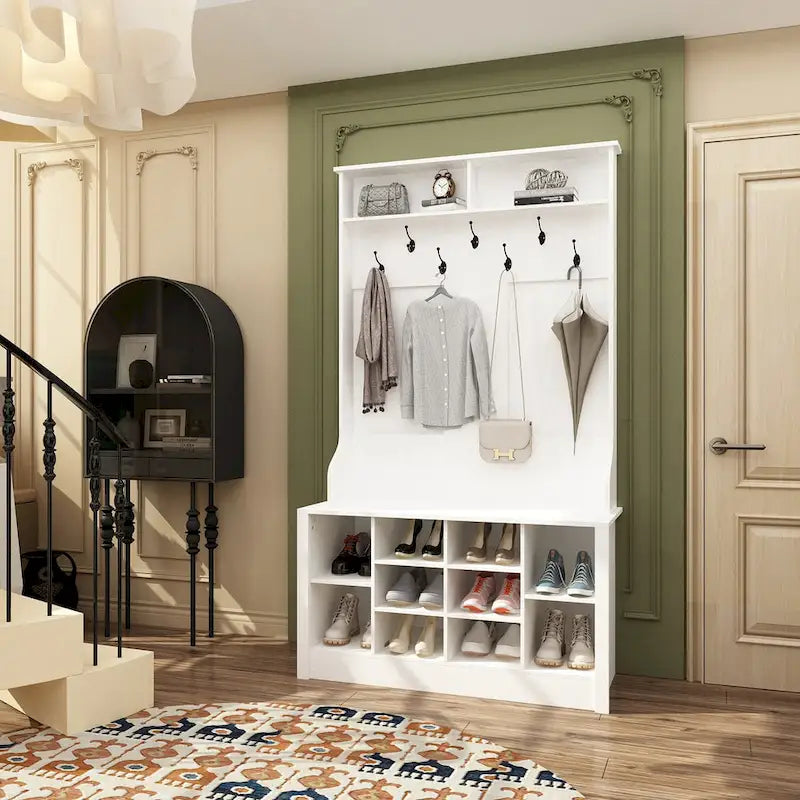 Porte-manteau et banc de rangement avec étagère à chaussures pour entrée