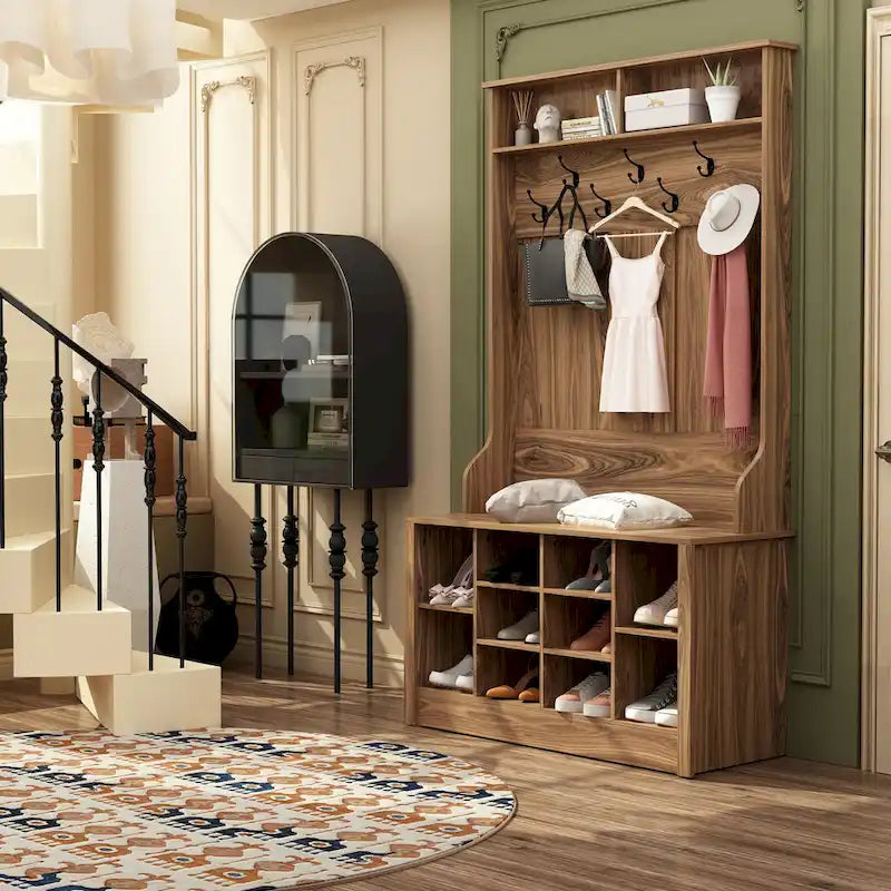 Porte-manteau et banc de rangement avec étagère à chaussures pour entrée