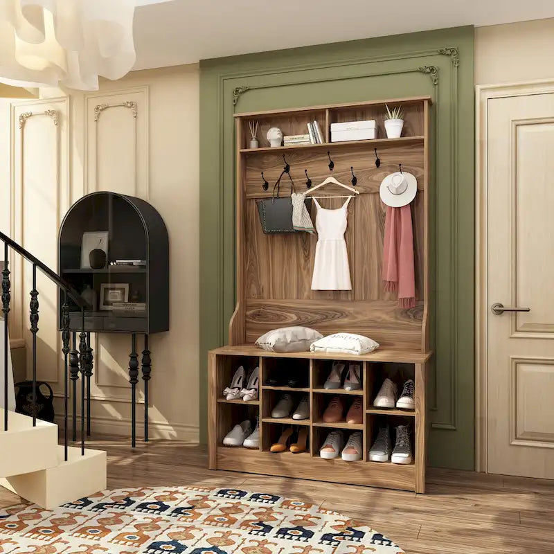 Porte-manteau et banc de rangement avec étagère à chaussures pour entrée