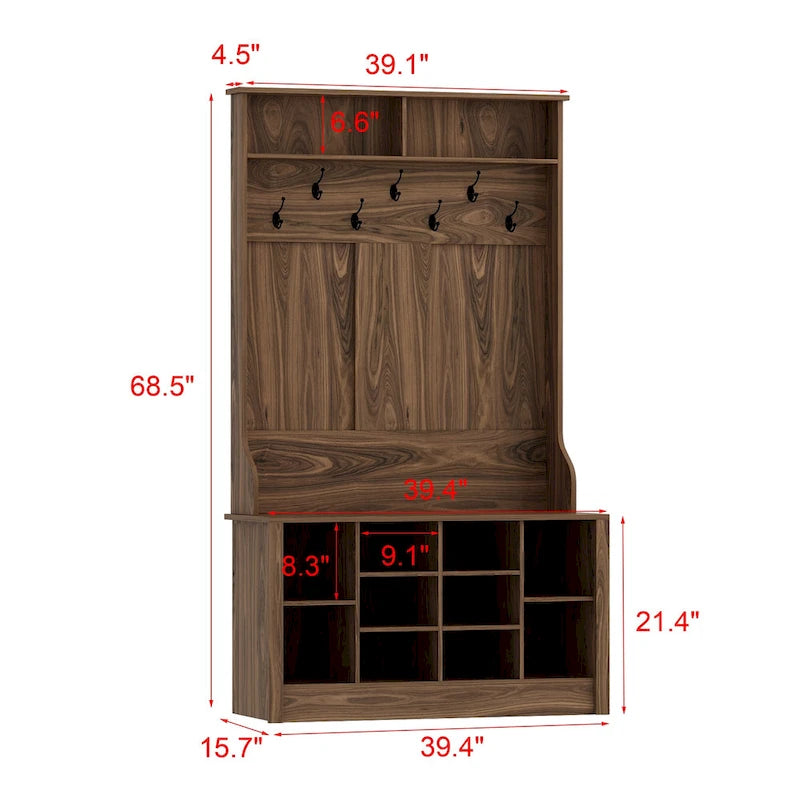 Porte-manteau et banc de rangement avec étagère à chaussures pour entrée