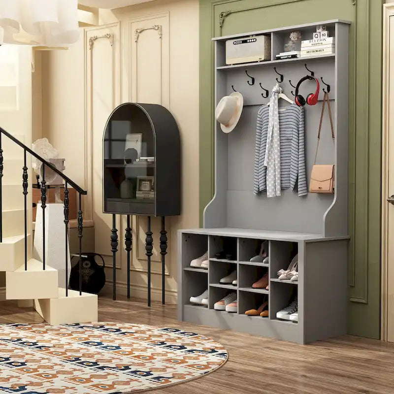 Porte-manteau et banc de rangement avec étagère à chaussures pour entrée