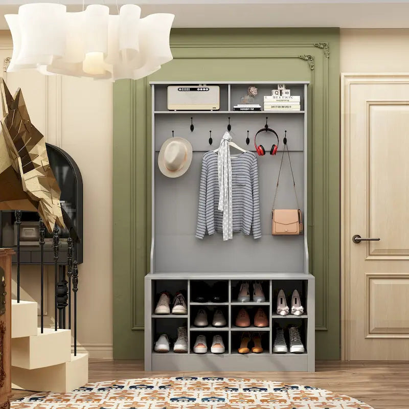 Porte-manteau et banc de rangement avec étagère à chaussures pour entrée