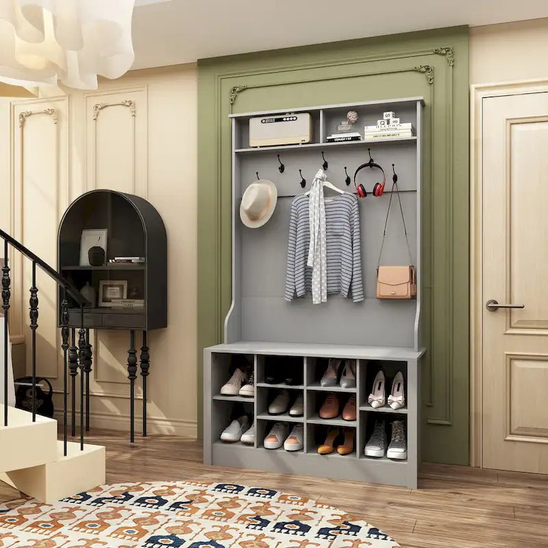 Porte-manteau et banc de rangement avec étagère à chaussures pour entrée