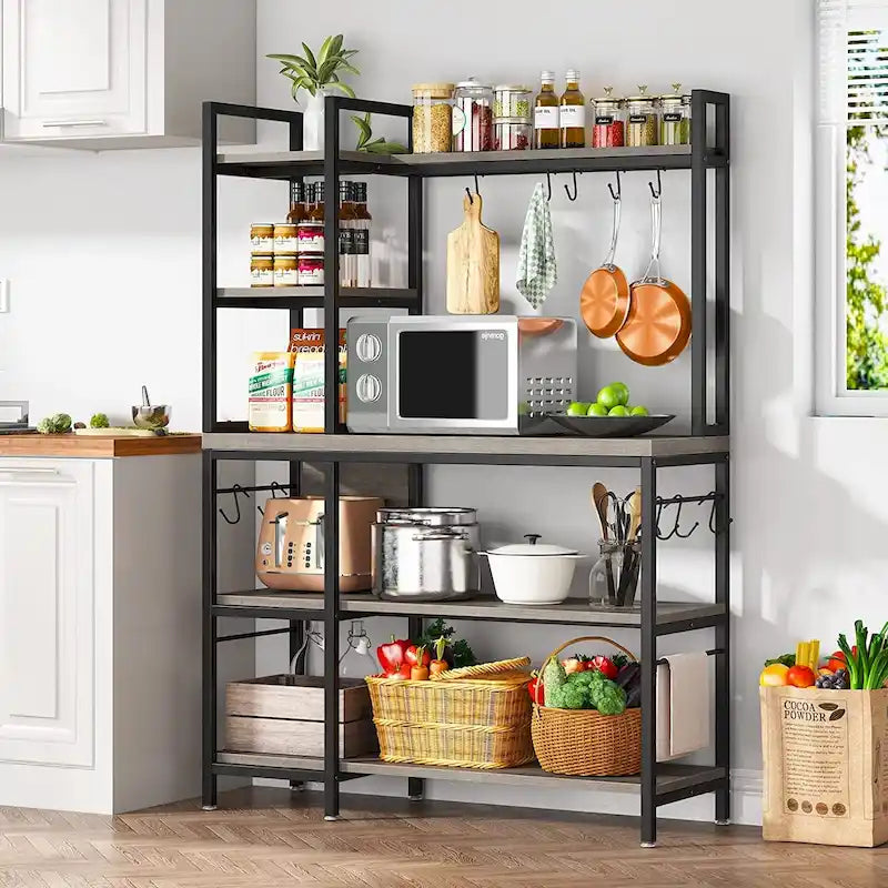 Étagère de cuisine 43 pouces avec support micro-ondes, étagère de rangement utilitaire de cuisine 5 niveaux et 10 crochets pour cuisine et salon