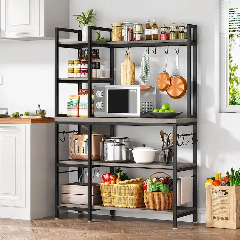 Étagère de cuisine 43 pouces avec support micro-ondes, étagère de rangement utilitaire de cuisine 5 niveaux et 10 crochets pour cuisine et salon