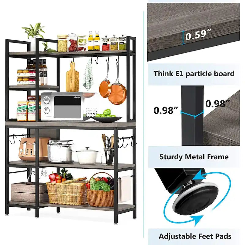 Étagère de cuisine 43 pouces avec support micro-ondes, étagère de rangement utilitaire de cuisine 5 niveaux et 10 crochets pour cuisine et salon