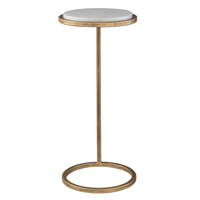 Table d'appoint en fer doré vieilli et marbre blanc massif