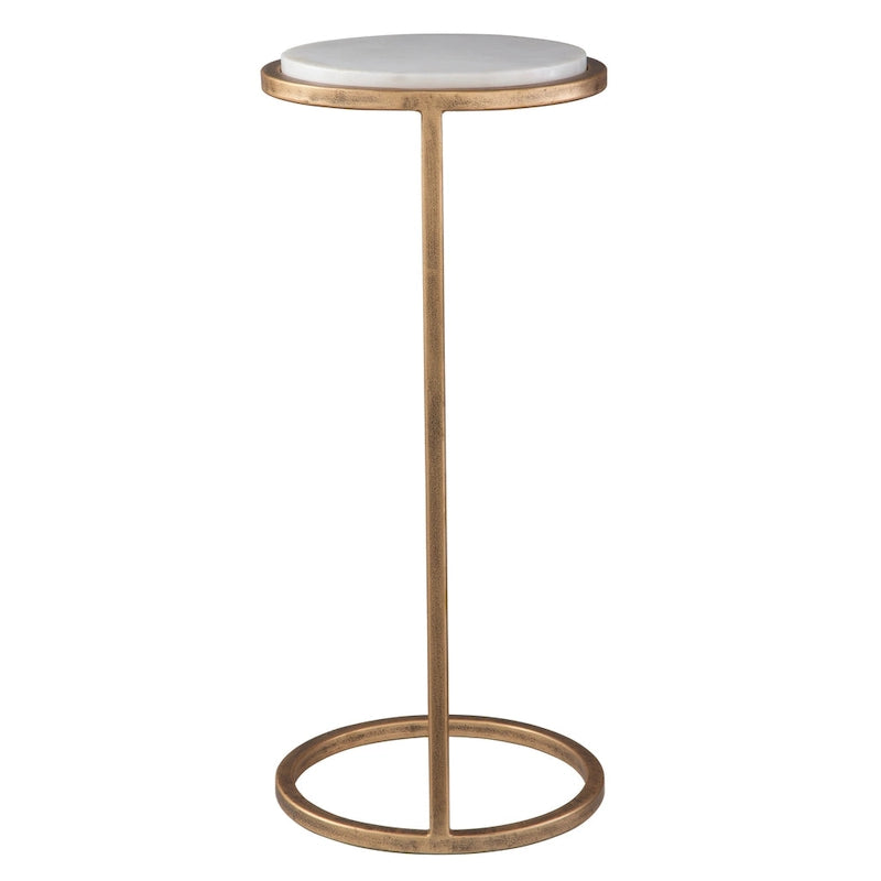Table d'appoint en fer doré vieilli et marbre blanc massif