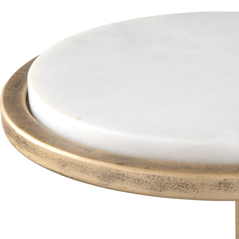 Table d'appoint en fer doré vieilli et marbre blanc massif