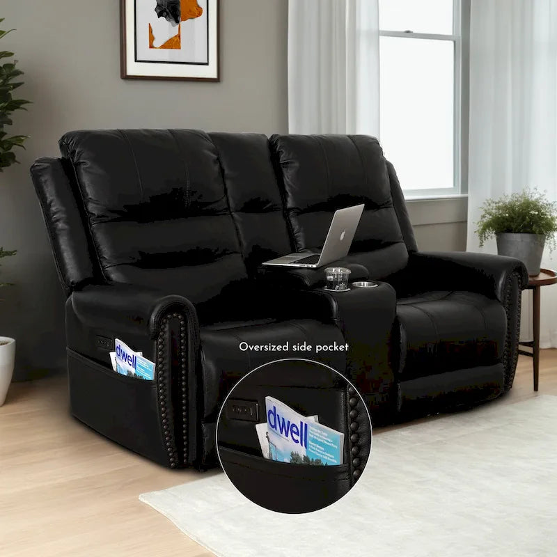 Canapé, Causeuse et Fauteuil Inclinables Électriques Noirs en Cuir Véritable avec Appuie-tête Réglable et Repose-pieds Extensible