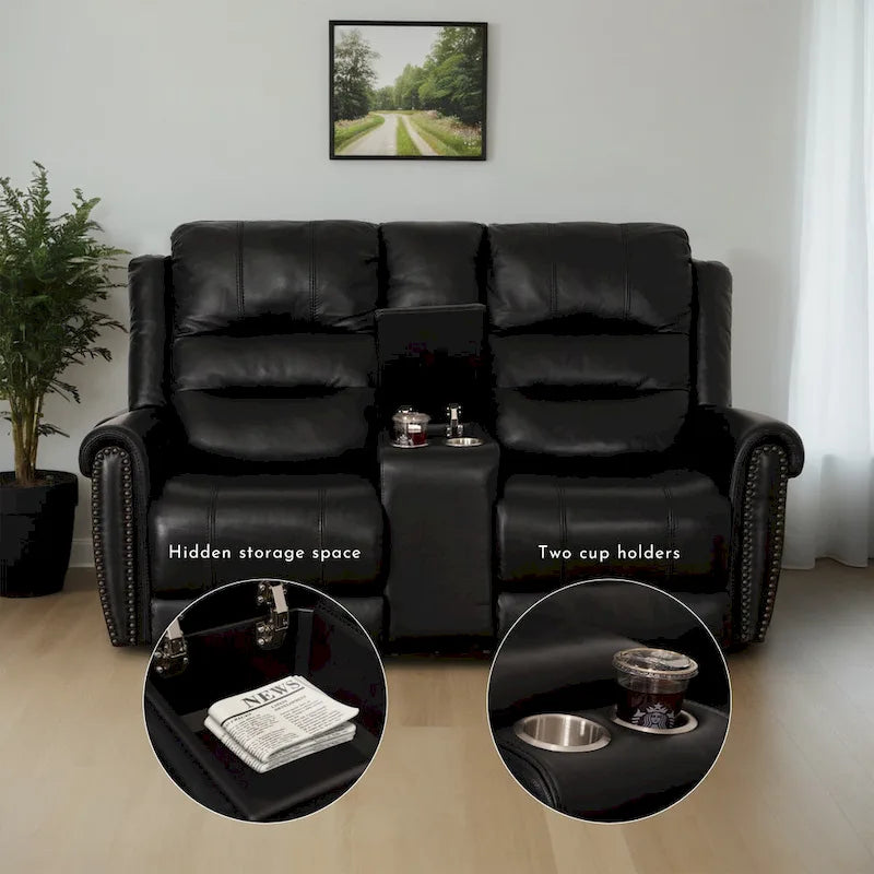 Canapé, Causeuse et Fauteuil Inclinables Électriques Noirs en Cuir Véritable avec Appuie-tête Réglable et Repose-pieds Extensible