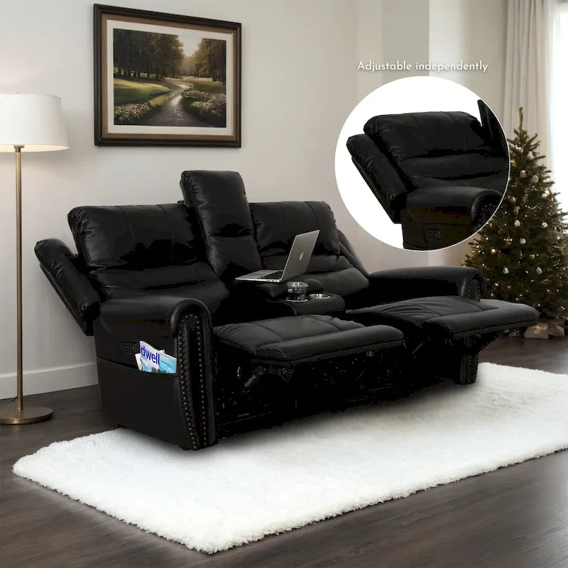Canapé, Causeuse et Fauteuil Inclinables Électriques Noirs en Cuir Véritable avec Appuie-tête Réglable et Repose-pieds Extensible