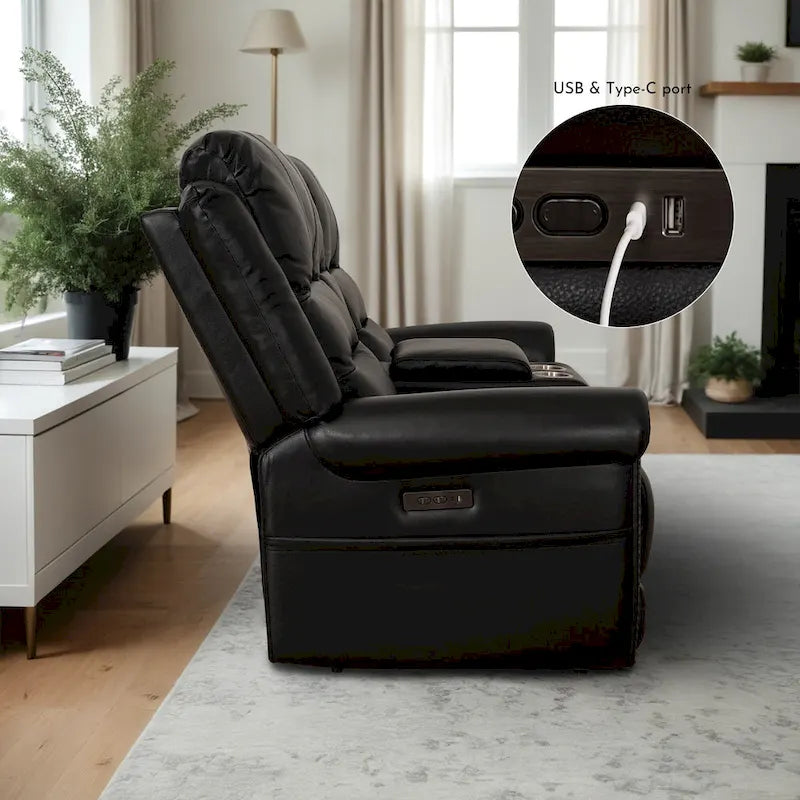Canapé, Causeuse et Fauteuil Inclinables Électriques Noirs en Cuir Véritable avec Appuie-tête Réglable et Repose-pieds Extensible