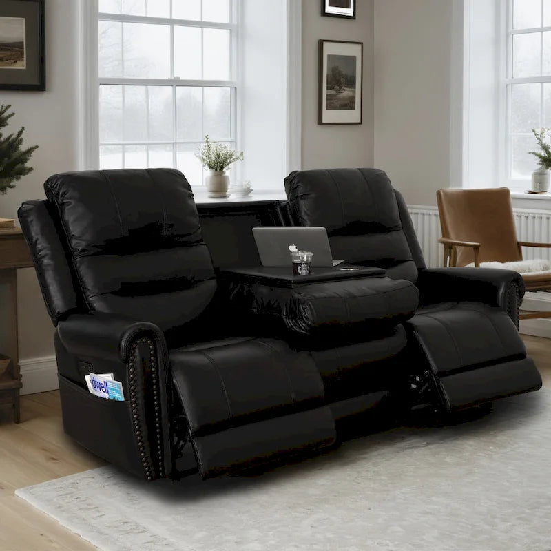Canapé, Causeuse et Fauteuil Inclinables Électriques Noirs en Cuir Véritable avec Appuie-tête Réglable et Repose-pieds Extensible