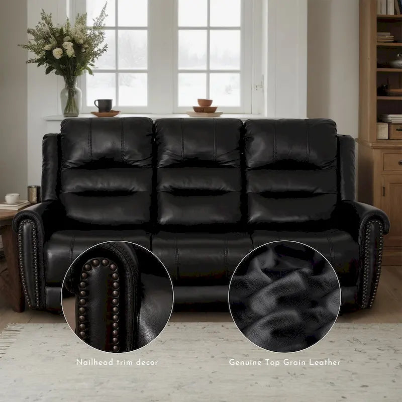 Canapé, Causeuse et Fauteuil Inclinables Électriques Noirs en Cuir Véritable avec Appuie-tête Réglable et Repose-pieds Extensible