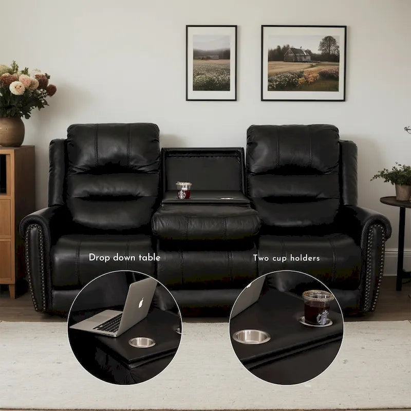Canapé, Causeuse et Fauteuil Inclinables Électriques Noirs en Cuir Véritable avec Appuie-tête Réglable et Repose-pieds Extensible