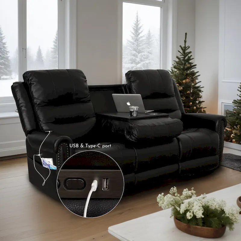Canapé, Causeuse et Fauteuil Inclinables Électriques Noirs en Cuir Véritable avec Appuie-tête Réglable et Repose-pieds Extensible