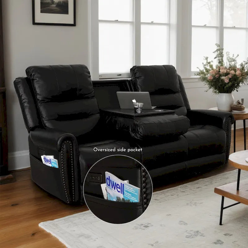 Canapé, Causeuse et Fauteuil Inclinables Électriques Noirs en Cuir Véritable avec Appuie-tête Réglable et Repose-pieds Extensible