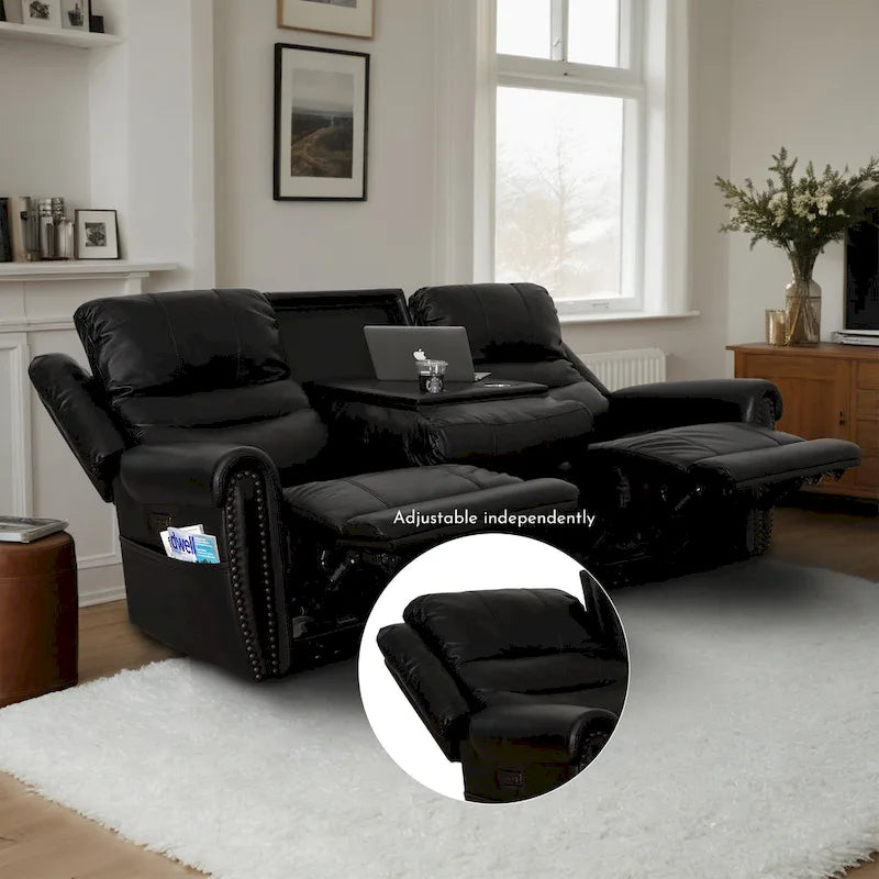 Canapé, Causeuse et Fauteuil Inclinables Électriques Noirs en Cuir Véritable avec Appuie-tête Réglable et Repose-pieds Extensible