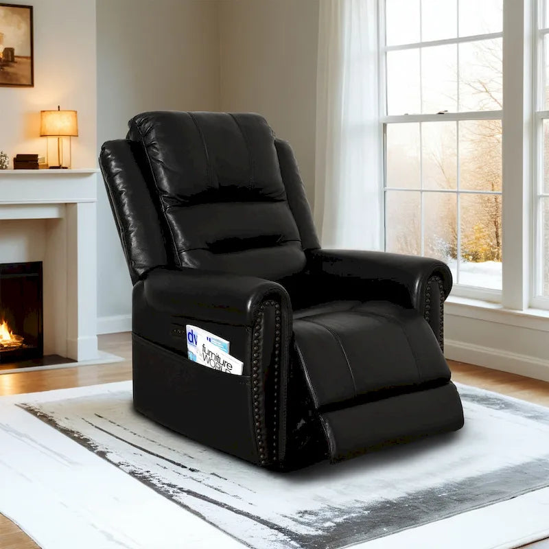 Canapé, Causeuse et Fauteuil Inclinables Électriques Noirs en Cuir Véritable avec Appuie-tête Réglable et Repose-pieds Extensible