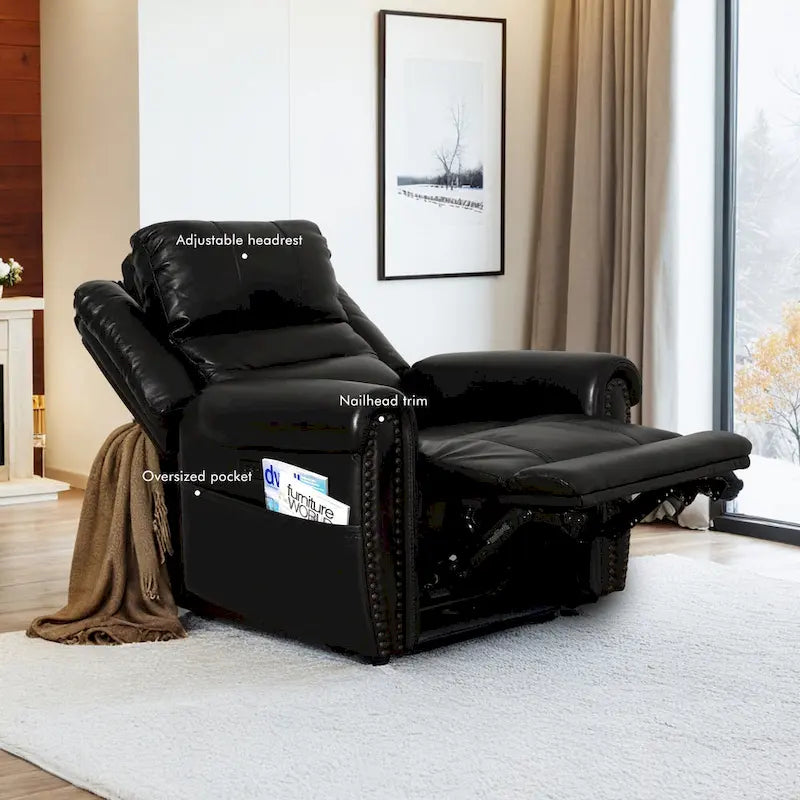 Canapé, Causeuse et Fauteuil Inclinables Électriques Noirs en Cuir Véritable avec Appuie-tête Réglable et Repose-pieds Extensible