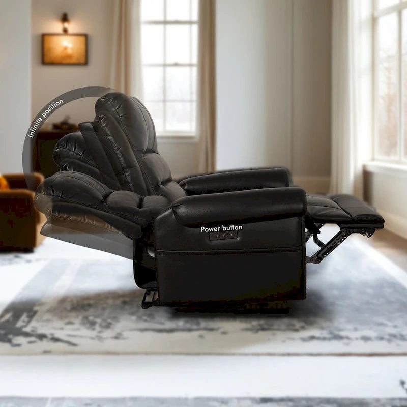 Canapé, Causeuse et Fauteuil Inclinables Électriques Noirs en Cuir Véritable avec Appuie-tête Réglable et Repose-pieds Extensible