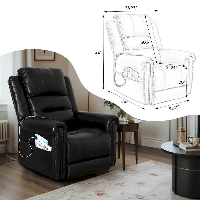 Canapé, Causeuse et Fauteuil Inclinables Électriques Noirs en Cuir Véritable avec Appuie-tête Réglable et Repose-pieds Extensible