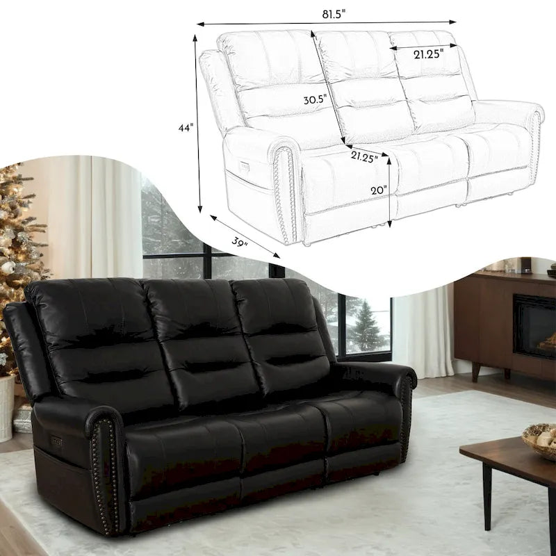 Canapé, Causeuse et Fauteuil Inclinables Électriques Noirs en Cuir Véritable avec Appuie-tête Réglable et Repose-pieds Extensible