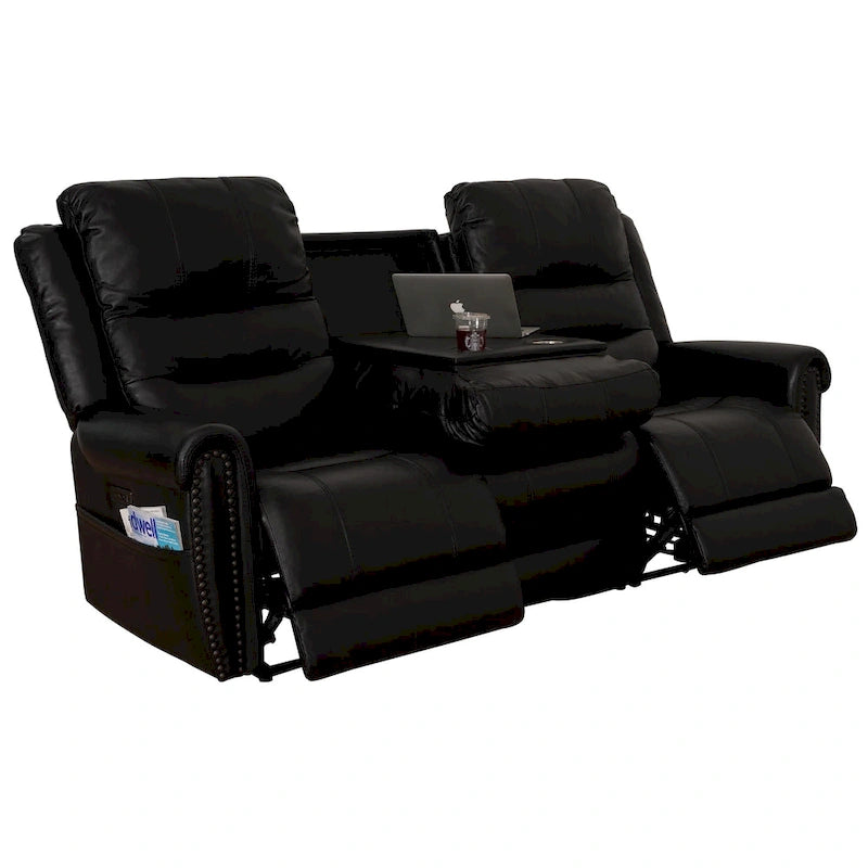 Canapé, Causeuse et Fauteuil Inclinables Électriques Noirs en Cuir Véritable avec Appuie-tête Réglable et Repose-pieds Extensible