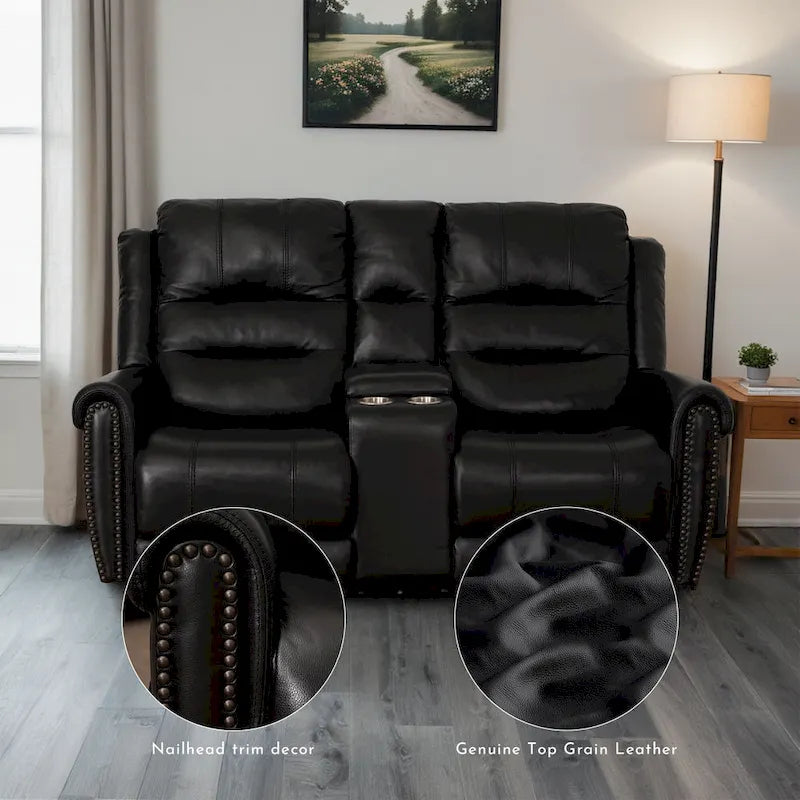 Canapé, Causeuse et Fauteuil Inclinables Électriques Noirs en Cuir Véritable avec Appuie-tête Réglable et Repose-pieds Extensible