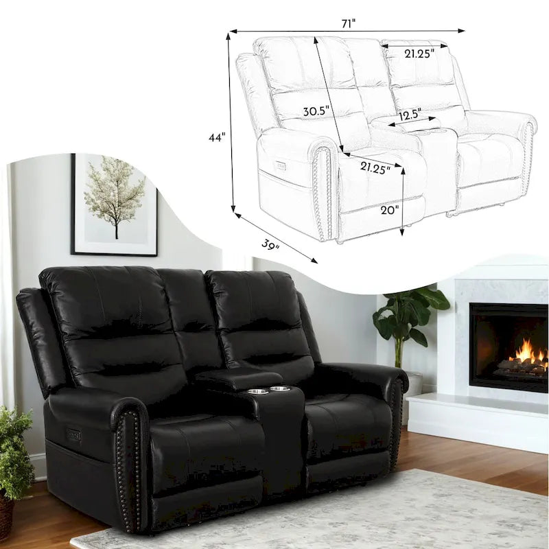 Canapé, Causeuse et Fauteuil Inclinables Électriques Noirs en Cuir Véritable avec Appuie-tête Réglable et Repose-pieds Extensible