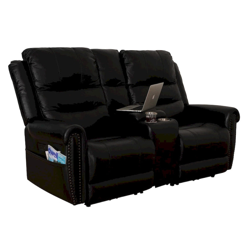 Canapé, Causeuse et Fauteuil Inclinables Électriques Noirs en Cuir Véritable avec Appuie-tête Réglable et Repose-pieds Extensible