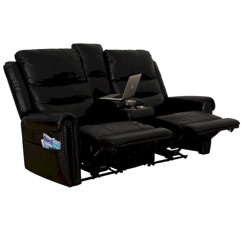 Canapé, Causeuse et Fauteuil Inclinables Électriques Noirs en Cuir Véritable avec Appuie-tête Réglable et Repose-pieds Extensible