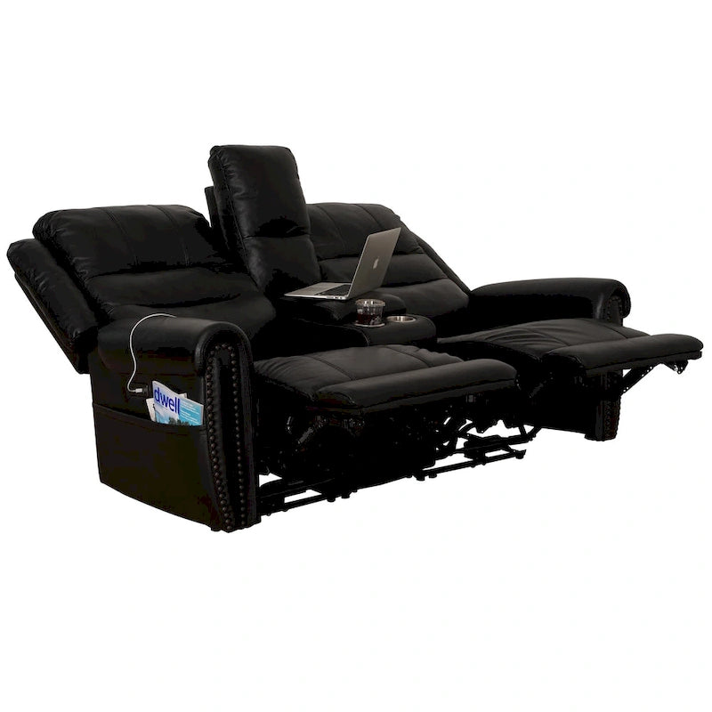 Canapé, Causeuse et Fauteuil Inclinables Électriques Noirs en Cuir Véritable avec Appuie-tête Réglable et Repose-pieds Extensible