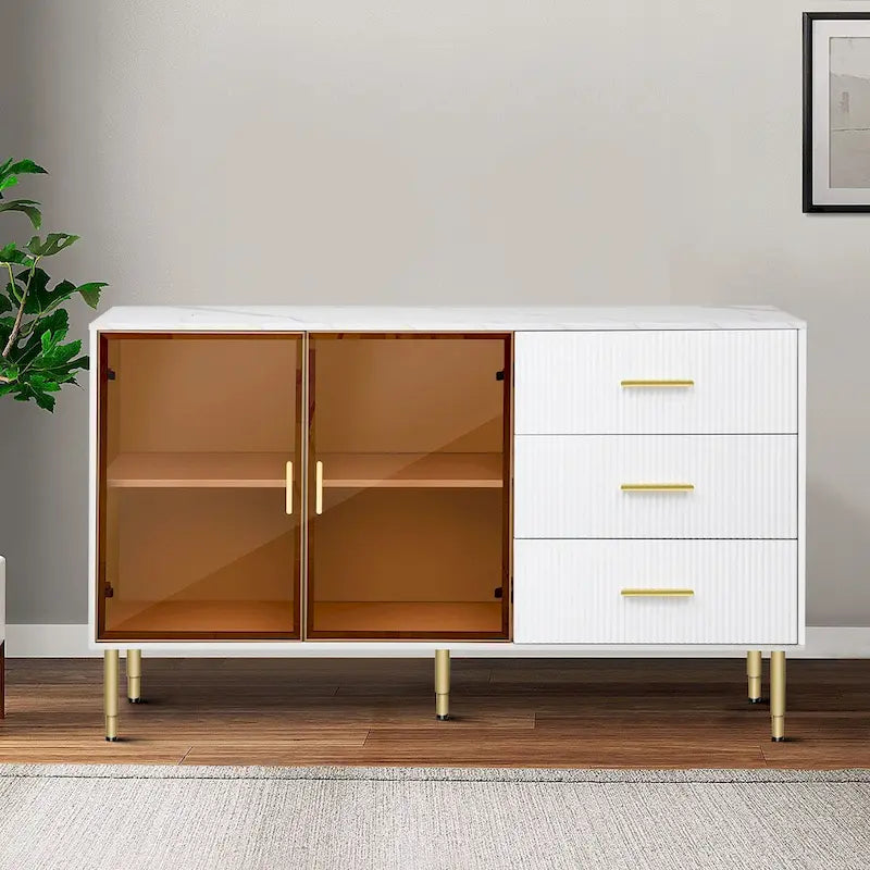 Buffet élégant en bois avec 2 portes en verre trempé ambre-jaune