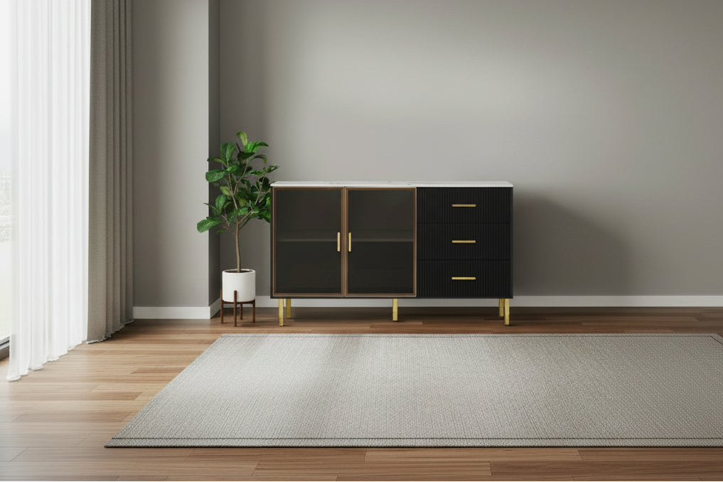 Buffet élégant en bois avec 2 portes en verre trempé ambre-jaune