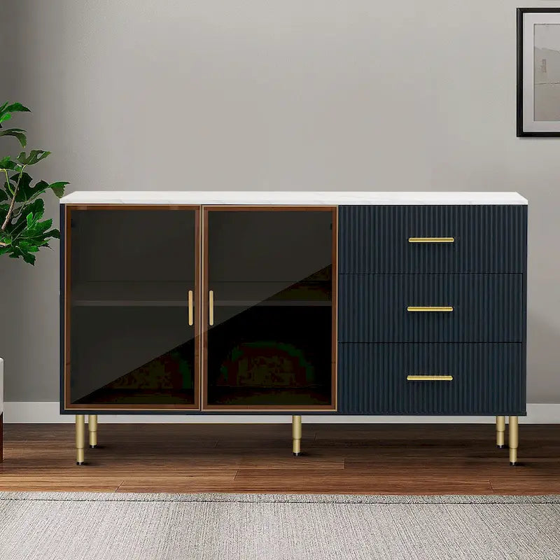 Buffet élégant en bois avec 2 portes en verre trempé ambre-jaune